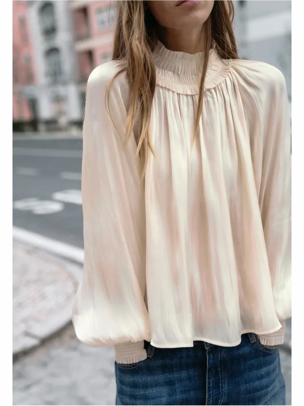 Women's SATIN EFFECT SHIMMER BLOUSE Cream Pleated High-Neck Blouse